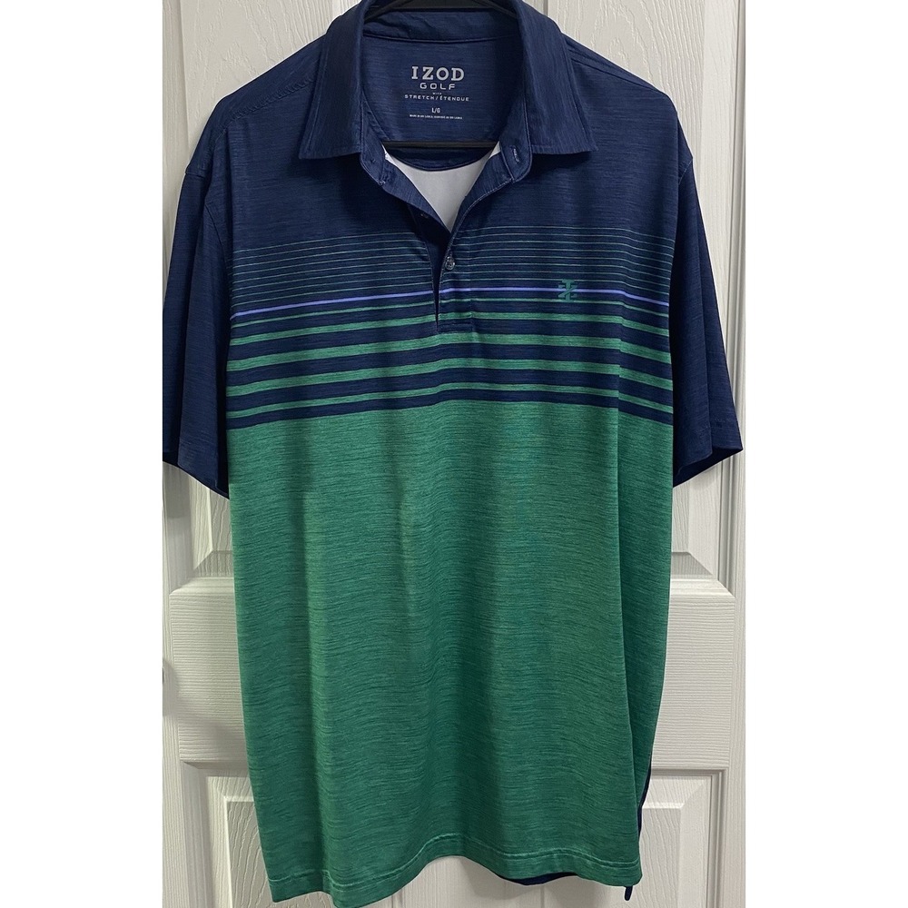 IZOD Polo Shirt Men's Golf Stretch Bright Blue/Green‎ Stripe Soft Knit Sz.L